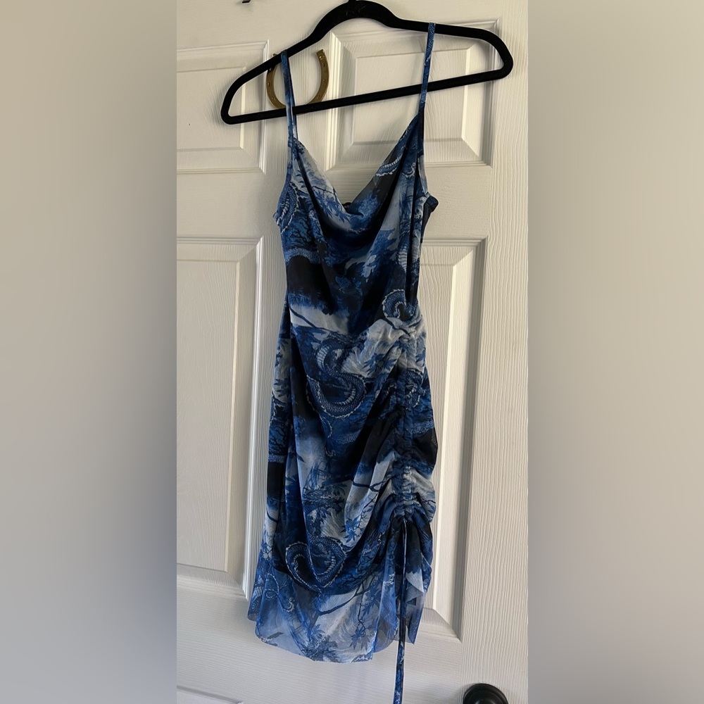 Blue cow neck mini dress